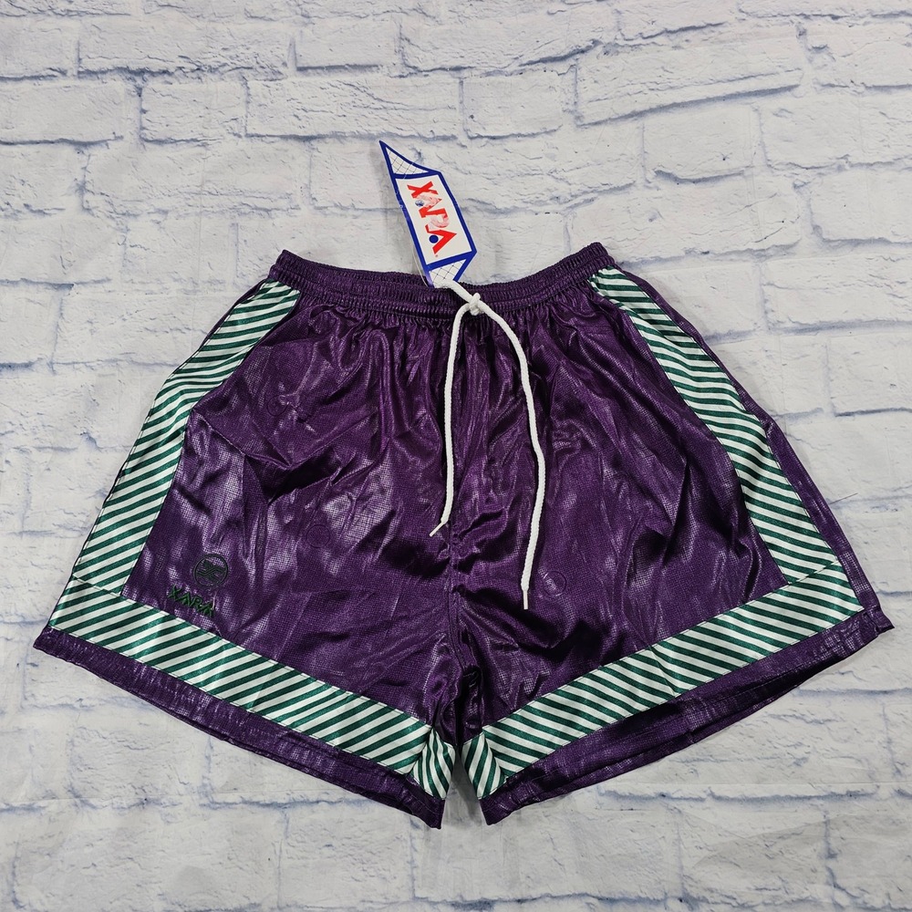Xara Soccer Shorts Mens L Purple Shiny Striped Retro Athletic Gym Vintage 90s